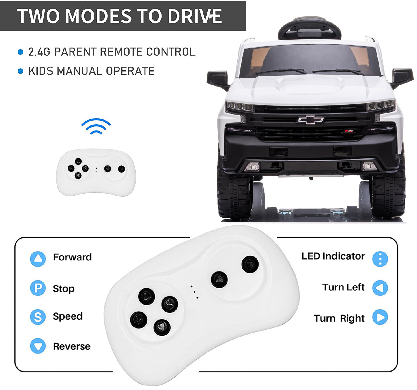 Chevrolet Silverado 12V Powered Ride on Cars for Kids, Remote Control, LED Light, MP3 Player, Electric Ride on Toys Truck for Boys Girls Gifts, White