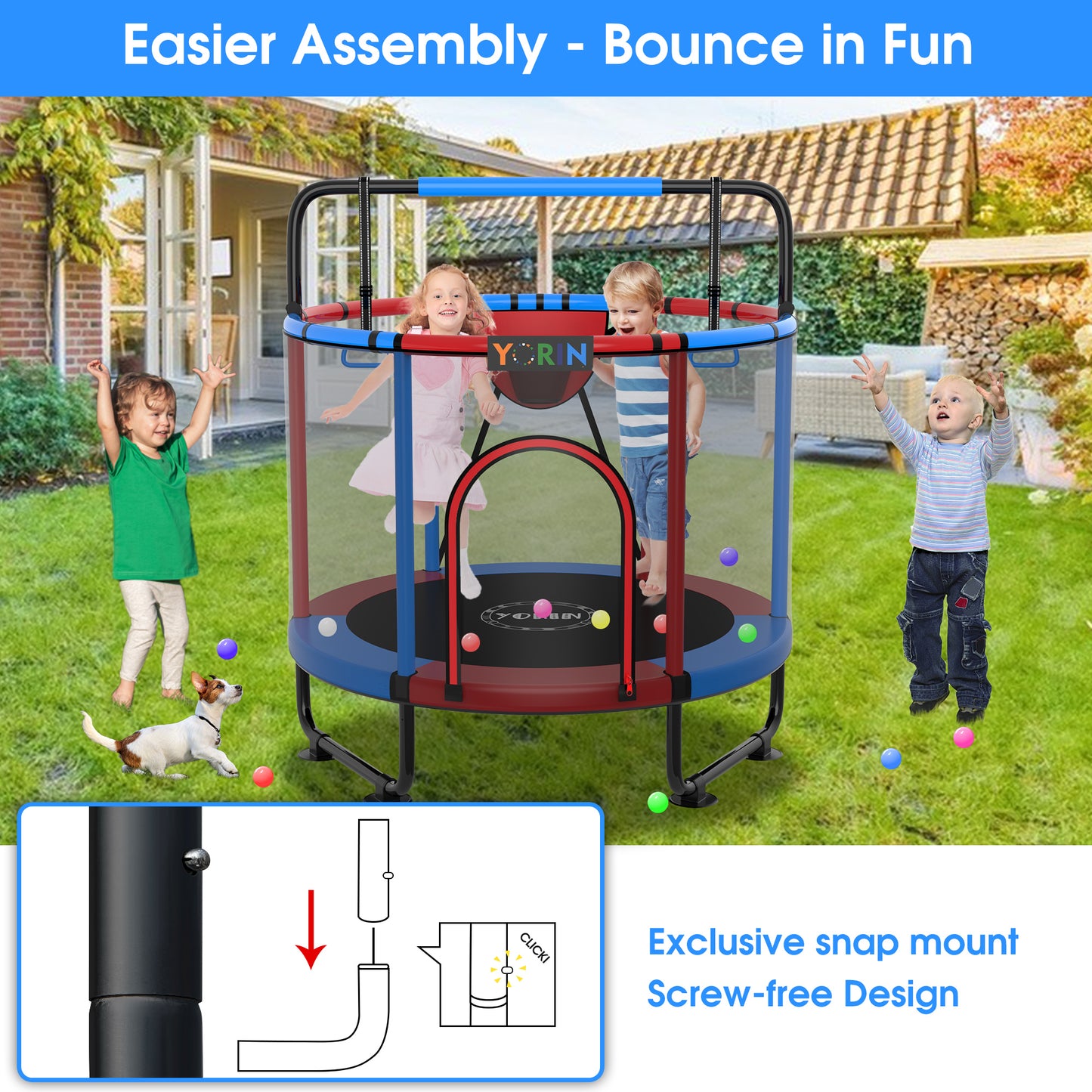 YORIN Trampoline for Kids, 60'' Toddler Mini Trampoline with Enclosure Net, Basketball Hoop, 5FT Indoor/Outdoor Kids Trampoline with Swing, Adjustable Gymnastics Bars, Gifts for Boys & Girls, 600LBS