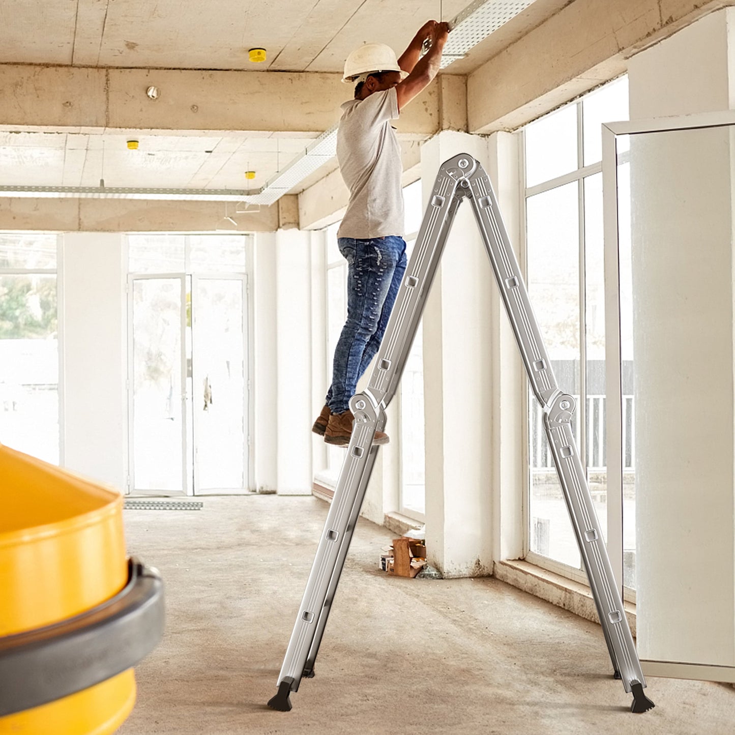 Gymax 12Ft Folding Step Ladder 7-in-1 Aluminium Alloy Extension Ladder 330 Lbs