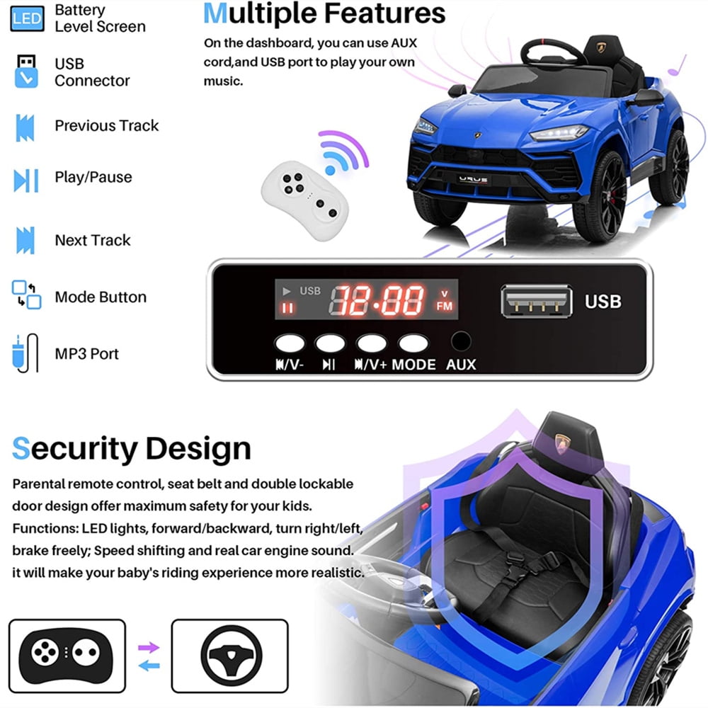 Lamborghini Urus 12V Electric Powered Ride on Car Toys for Girls Boys, Black Kids Electric Vehicles Ride on Toys with Remote Control, Foot Pedal, MP3 Player and LED Headlights, CL61