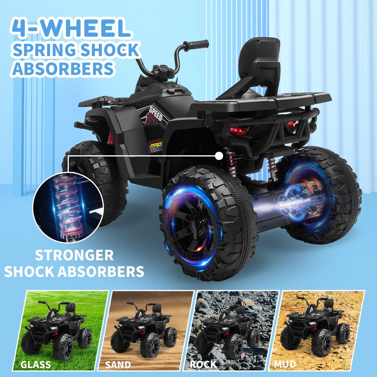 Joyracer 24V Kids Ride on ATV with 2 Seater, 2* 200W Motor 9AH Battery Powered Electric Car w/ LED Lights, High & Low Speed, Music, Suspension, 24 Volt Ride on Toy 4 Wheeler Quad for Boys Girls,Black