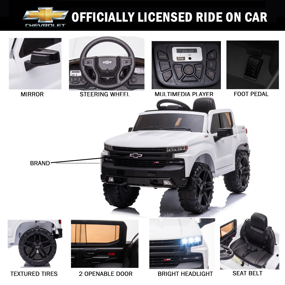 Chevrolet Silverado 12V Powered Ride on Cars for Kids, Remote Control, LED Light, MP3 Player, Electric Ride on Toys Truck for Boys Girls Gifts, White