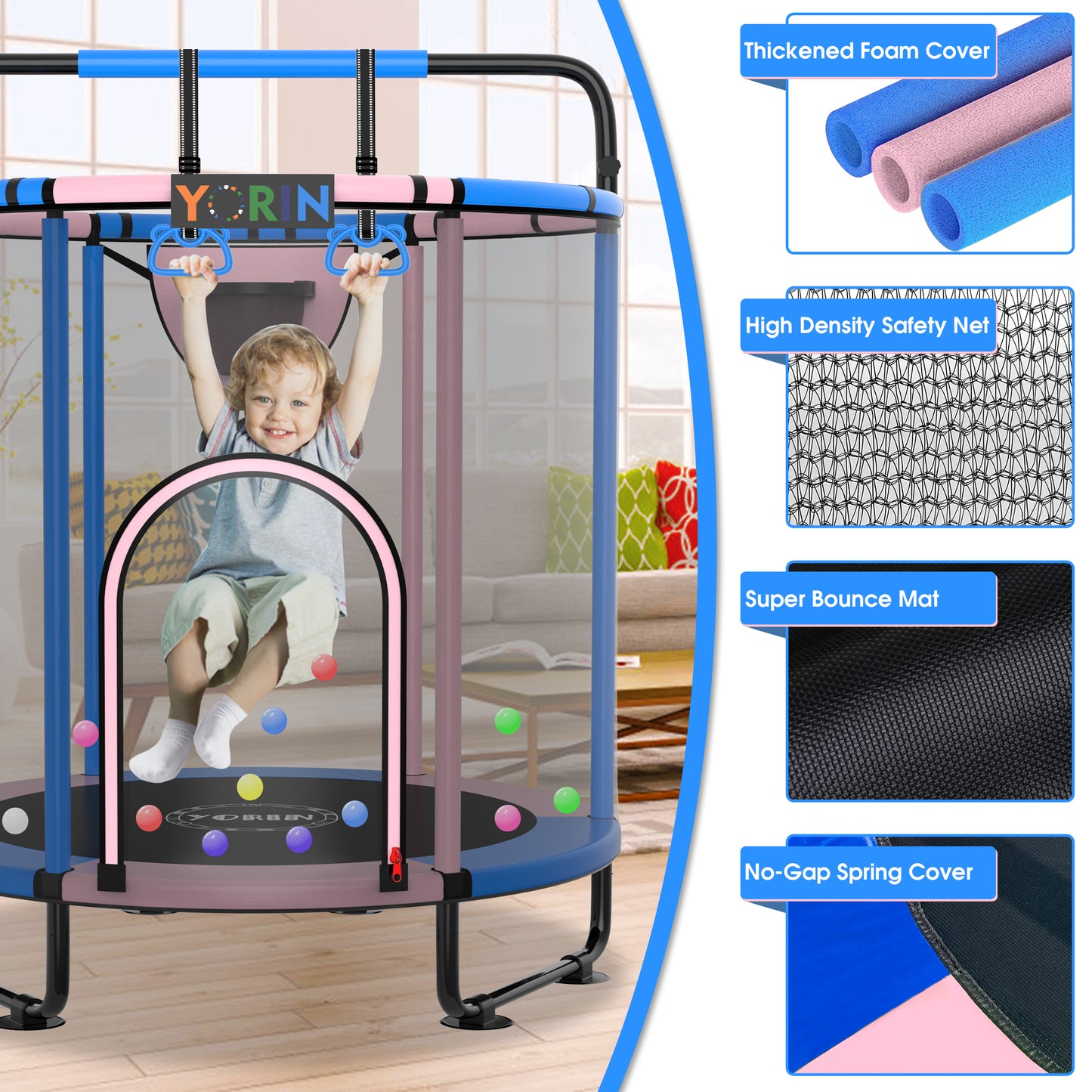 YORIN Trampoline for Kids, 60'' Toddler Mini Trampoline with Enclosure Net, Basketball Hoop, 5FT Indoor/Outdoor Kids Trampoline with Swing, Adjustable Gymnastics Bars, Gifts for Boys & Girls, 600LBS