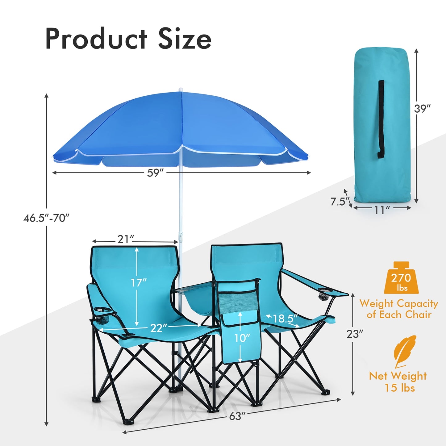 Costway Portable Folding Picnic Double Chair W/Umbrella Table Cooler Beach Camping Chair
