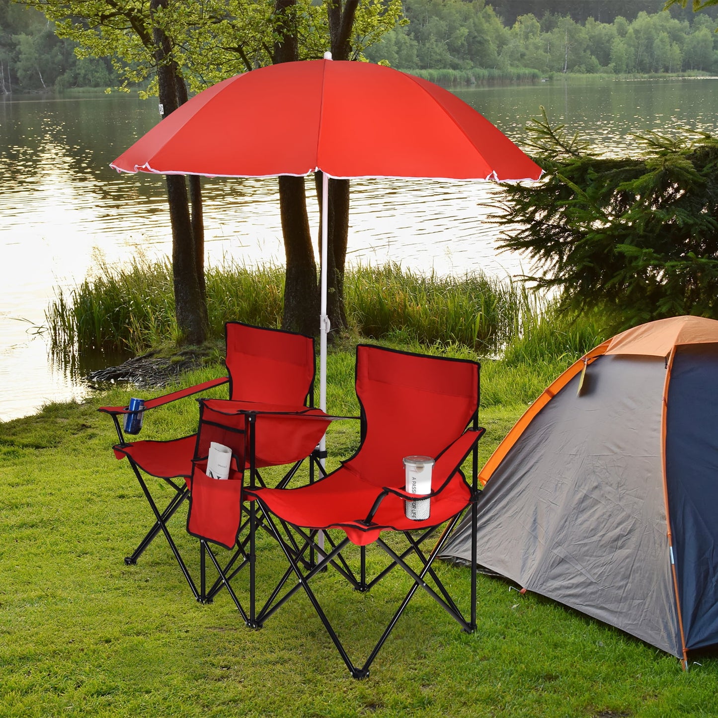 Costway Portable Folding Picnic Double Chair W/Umbrella Table Cooler Beach Camping Chair