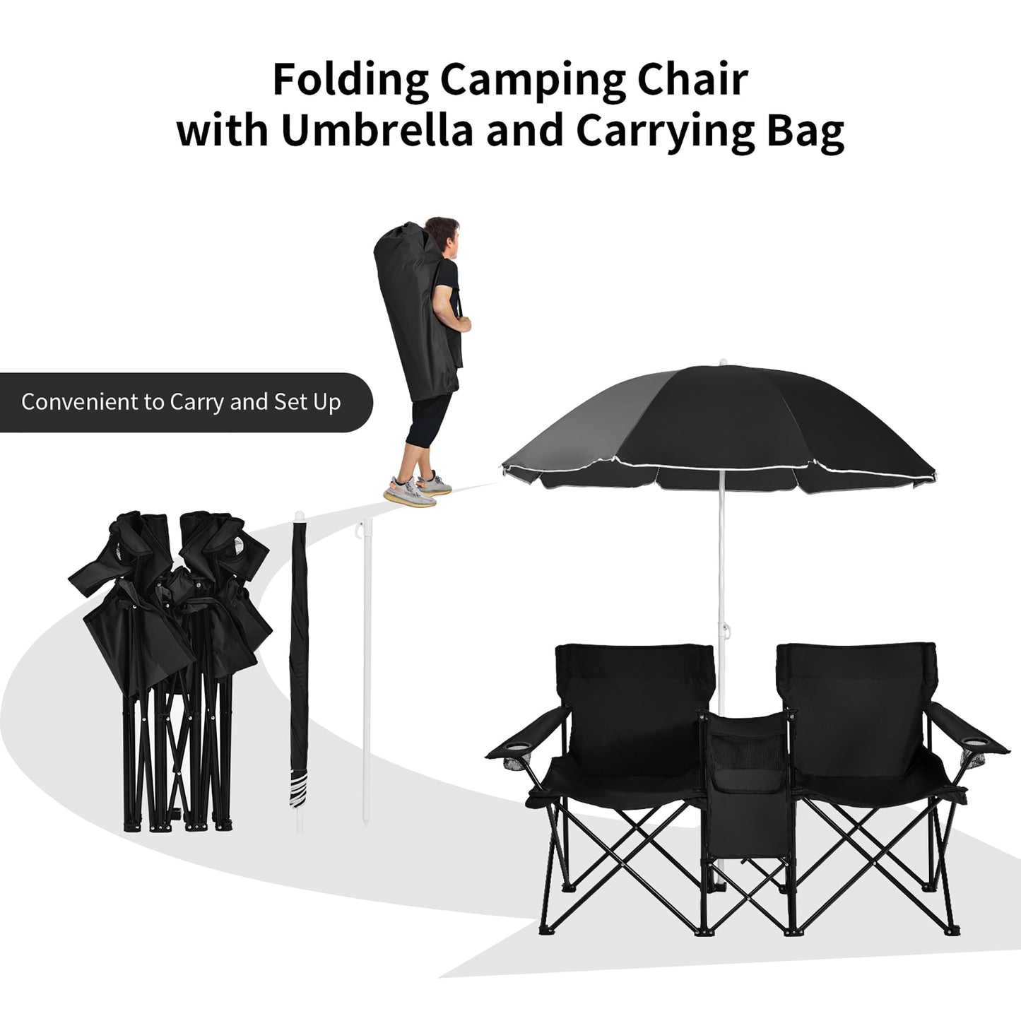 Costway Portable Folding Picnic Double Chair W/Umbrella Table Cooler Beach Camping Chair