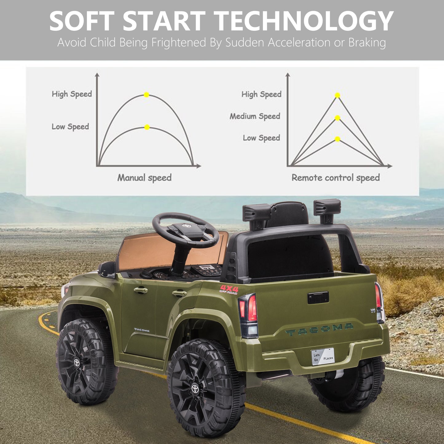Licensed Toyota Tacoma Electric Ride on Vehicle for Kids, 12V Powered Ride on Car Toys with Remote Control, LED Lights, MP3 Player, Green