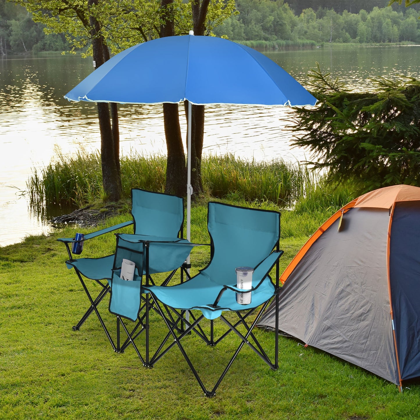 Costway Portable Folding Picnic Double Chair W/Umbrella Table Cooler Beach Camping Chair