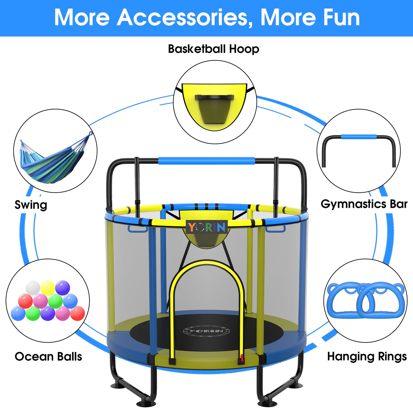 YORIN Trampoline for Kids, 60'' Toddler Mini Trampoline with Enclosure Net, Basketball Hoop, 5FT Indoor/Outdoor Kids Trampoline with Swing, Adjustable Gymnastics Bars, Gifts for Boys & Girls, 600LBS