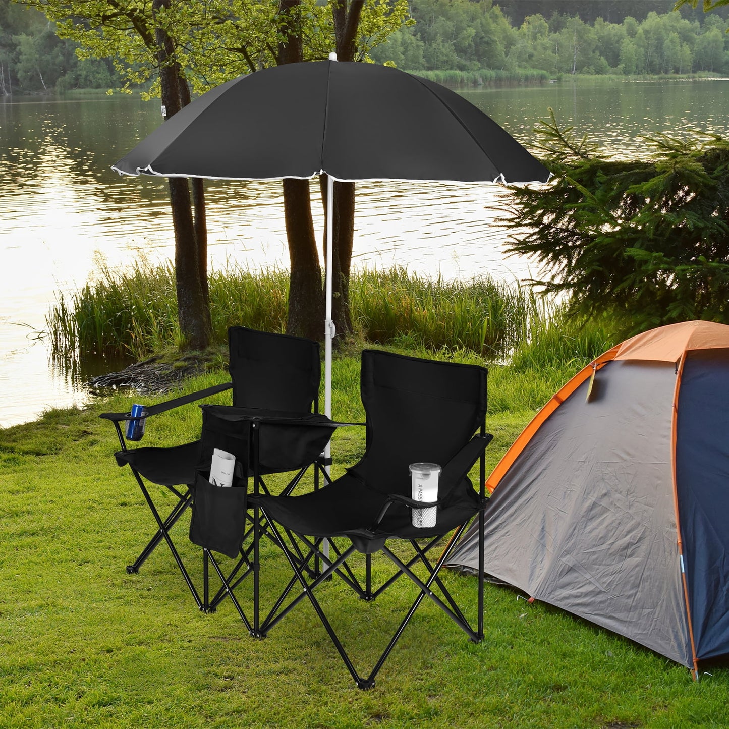Costway Portable Folding Picnic Double Chair W/Umbrella Table Cooler Beach Camping Chair