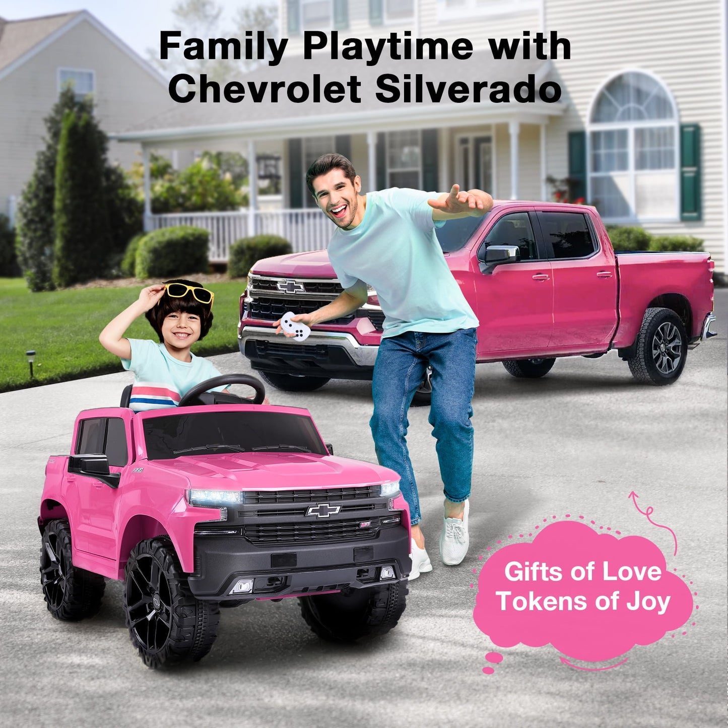 FUNTOK Licensed Chevrolet Silverado 12V Kids Electric Powered Ride on Toy Car with Remote Control & Music Player, Black