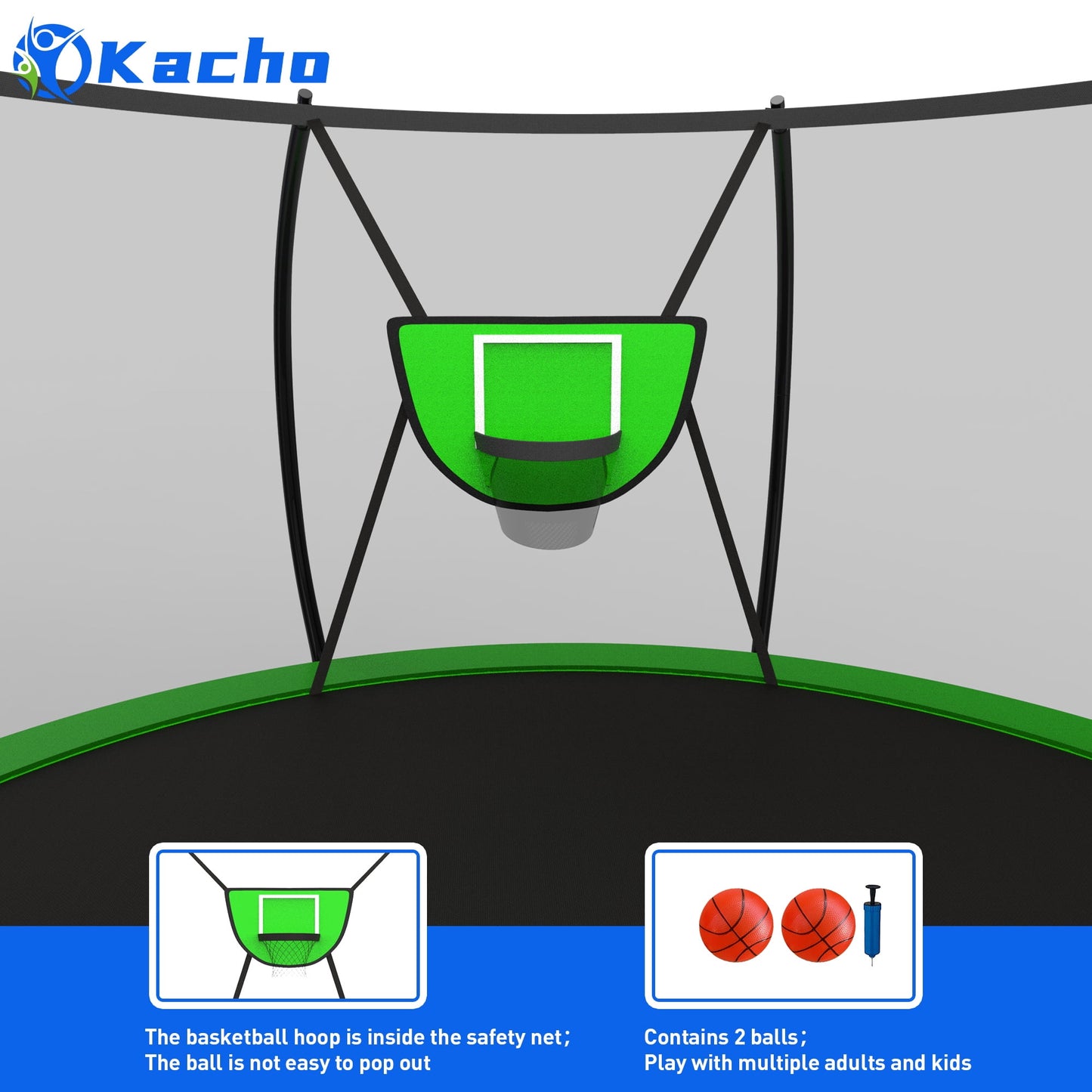 Kacho Trampoline for 4-5Kids and 1-2 Adults, 12FT 1200LBS Trampoline with Enclosure Net, Ladder, Backyard Trampoline with Basketball Hoop, Heavy Duty No-Gap Design Outdoor Recreational Trampoline