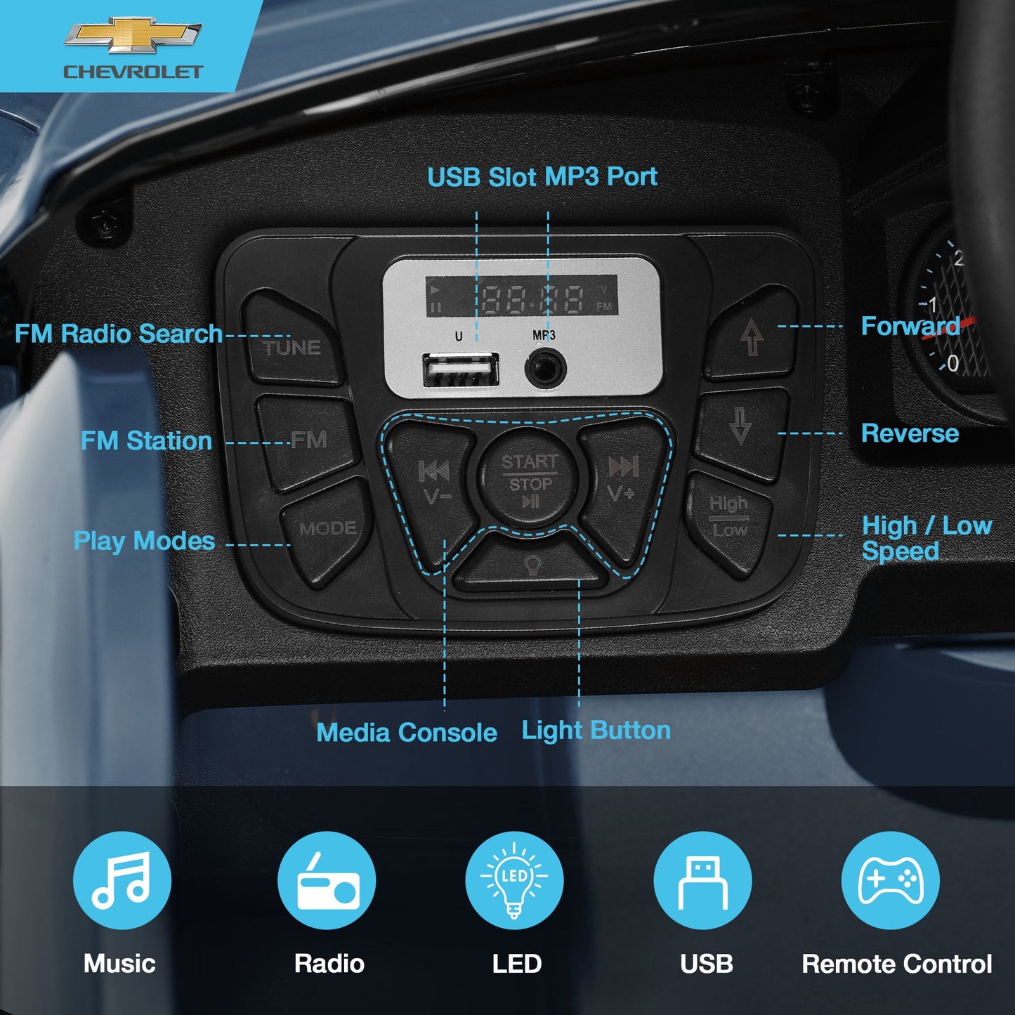 FUNTOK Licensed Chevrolet Silverado 12V Kids Electric Powered Ride on Toy Car with Remote Control & Music Player, Black