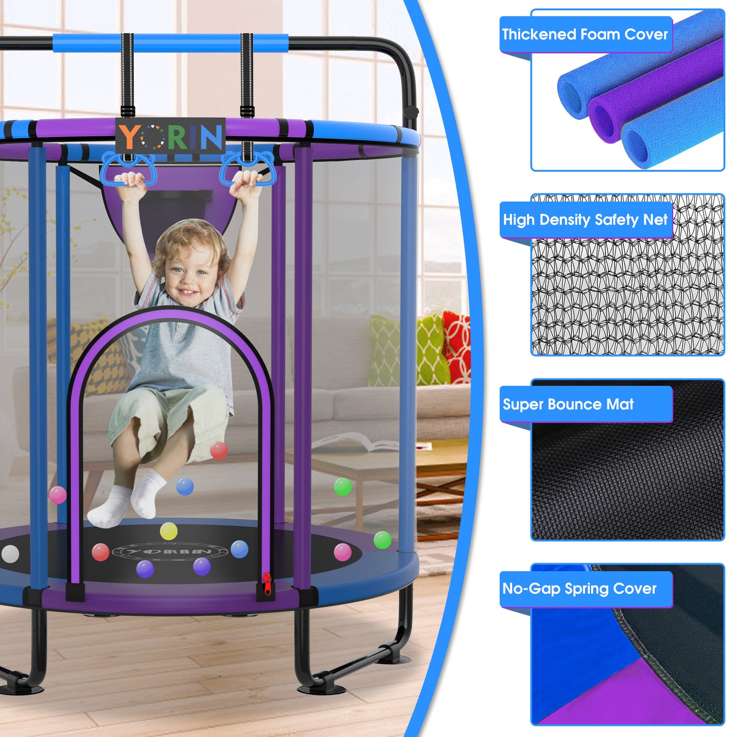 YORIN Trampoline for Kids, 60'' Toddler Mini Trampoline with Enclosure Net, Basketball Hoop, 5FT Indoor/Outdoor Kids Trampoline with Swing, Adjustable Gymnastics Bars, Gifts for Boys & Girls, 600LBS