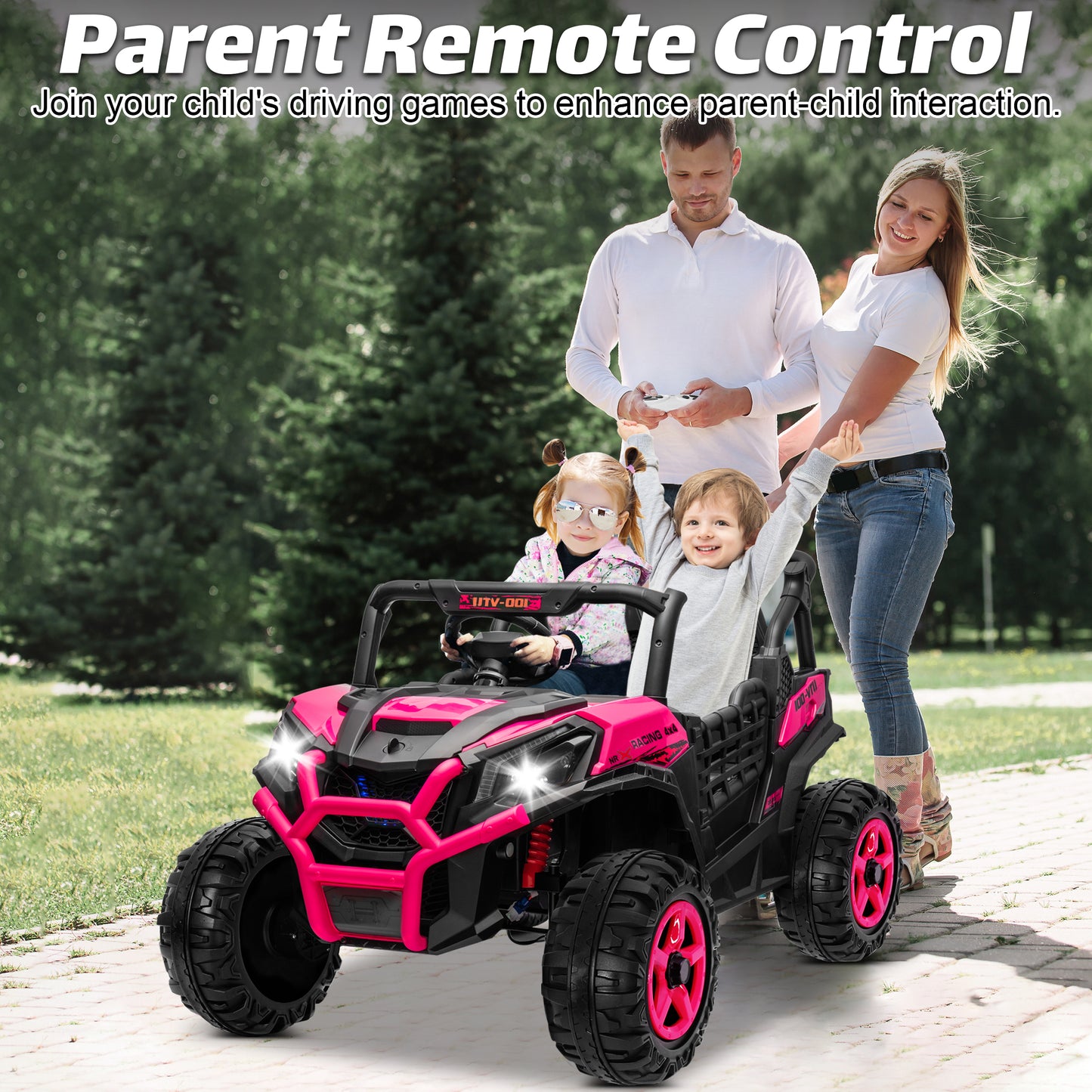 Joyracer 4WD 24V Ride on Toys Car w/ 2 XL Seater Remote Control, Electric Off-Road UTV w/ 4*200W Motor, Powered 4-Wheeler Toy, LED Lights, Spring Suspension, 3 Speeds, Bluetooth Music, Black