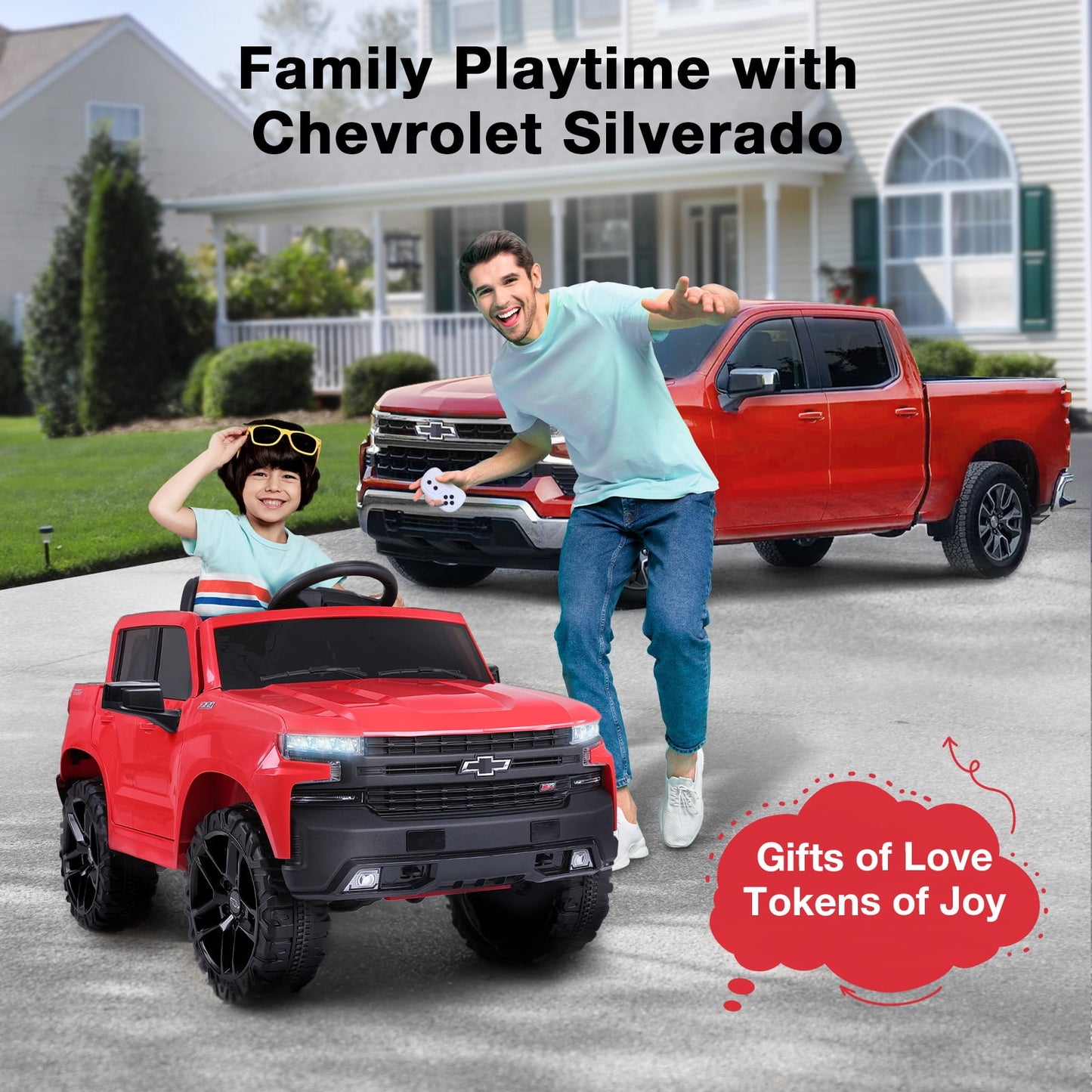 FUNTOK Licensed Chevrolet Silverado 12V Kids Electric Powered Ride on Toy Car with Remote Control & Music Player, Black