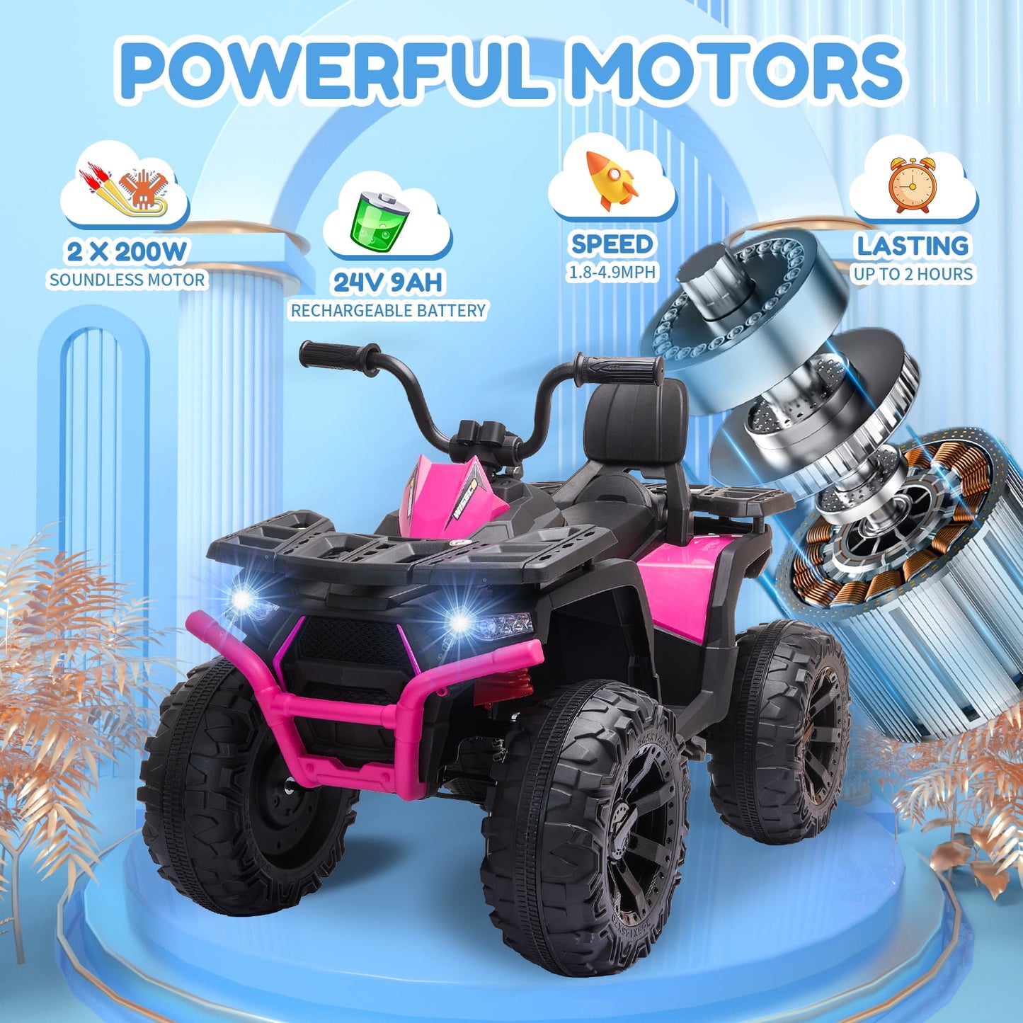 Joyracer 24V Kids Ride on ATV with 2 Seater, 2* 200W Motor 9AH Battery Powered Electric Car w/ LED Lights, High & Low Speed, Music, Suspension, 24 Volt Ride on Toy 4 Wheeler Quad for Boys Girls,Black