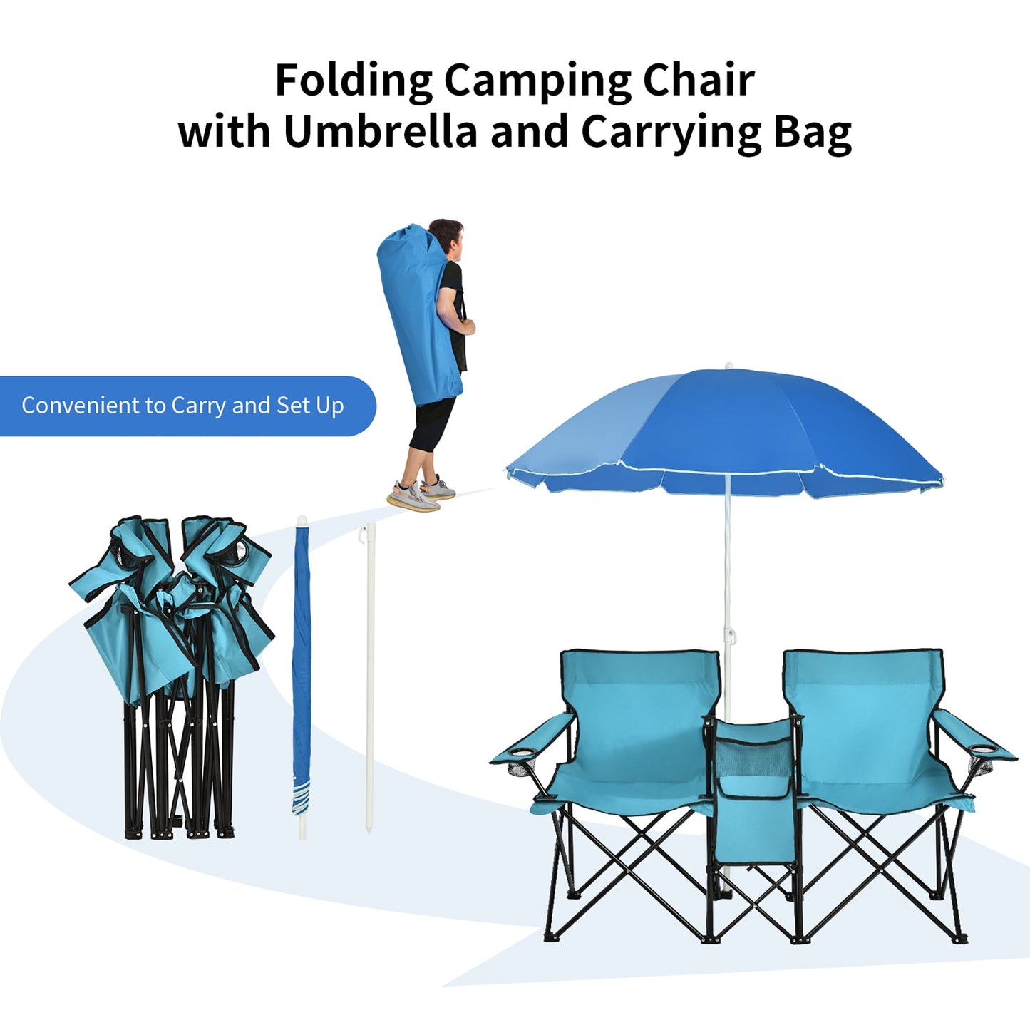 Costway Portable Folding Picnic Double Chair W/Umbrella Table Cooler Beach Camping Chair