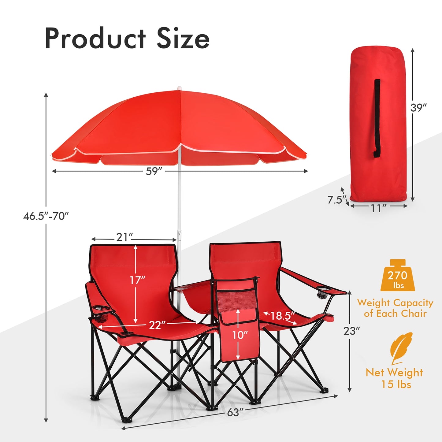 Costway Portable Folding Picnic Double Chair W/Umbrella Table Cooler Beach Camping Chair