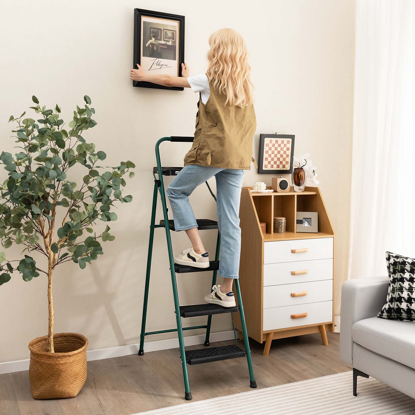 Costway 4 Step Ladder Folding Portable Anti-Slip Steel Step Stool 330lbs with Tool Platform