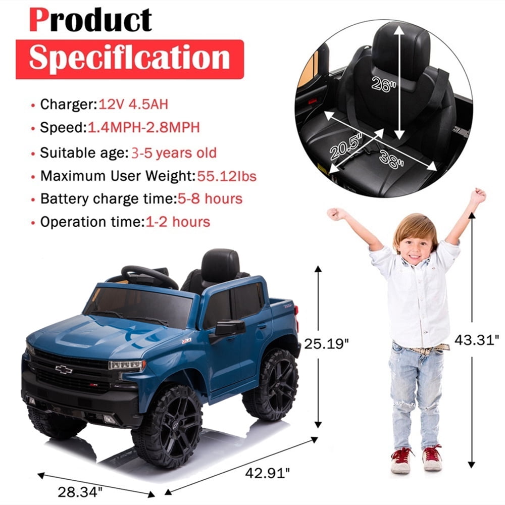 Chevrolet Silverado 12V Ride on Truck, Black Ride on Toys with Remote Control, Battery Powered Ride on Cars for Boys, Electric Cars for Kids to Ride, LED Lights, MP3 Music, Foot Pedal, CL220