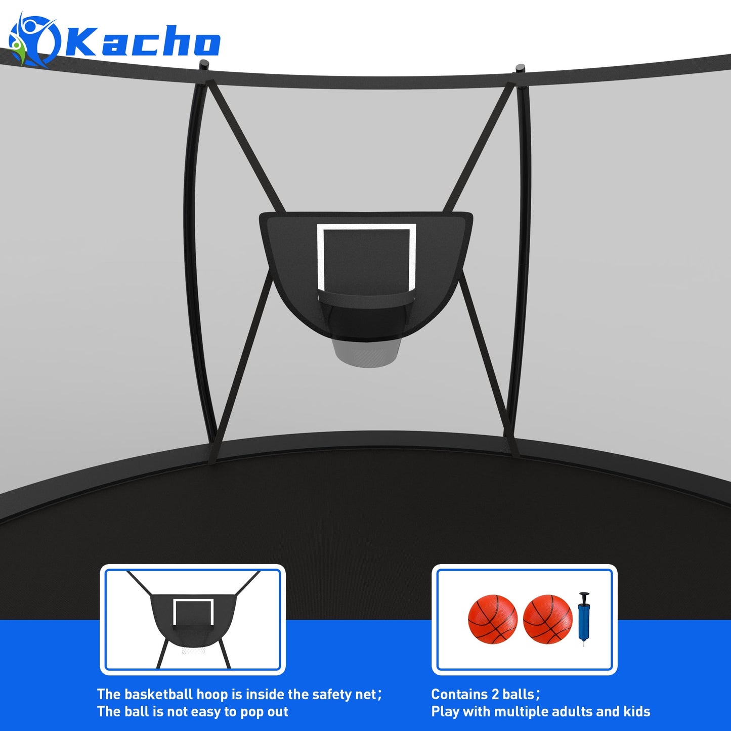Kacho Trampoline for 4-5Kids and 1-2 Adults, 12FT 1200LBS Trampoline with Enclosure Net, Ladder, Backyard Trampoline with Basketball Hoop, Heavy Duty No-Gap Design Outdoor Recreational Trampoline