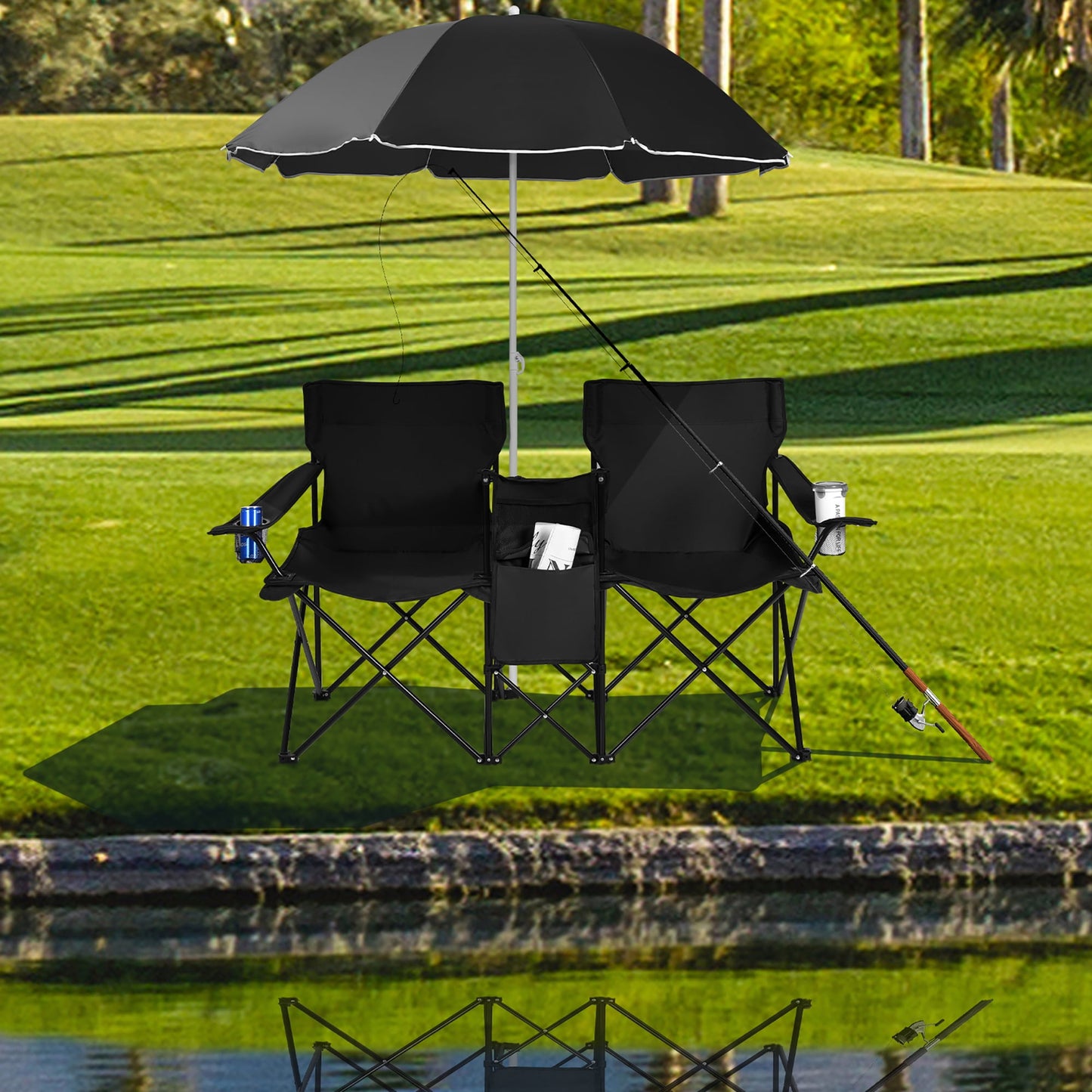 Costway Portable Folding Picnic Double Chair W/Umbrella Table Cooler Beach Camping Chair
