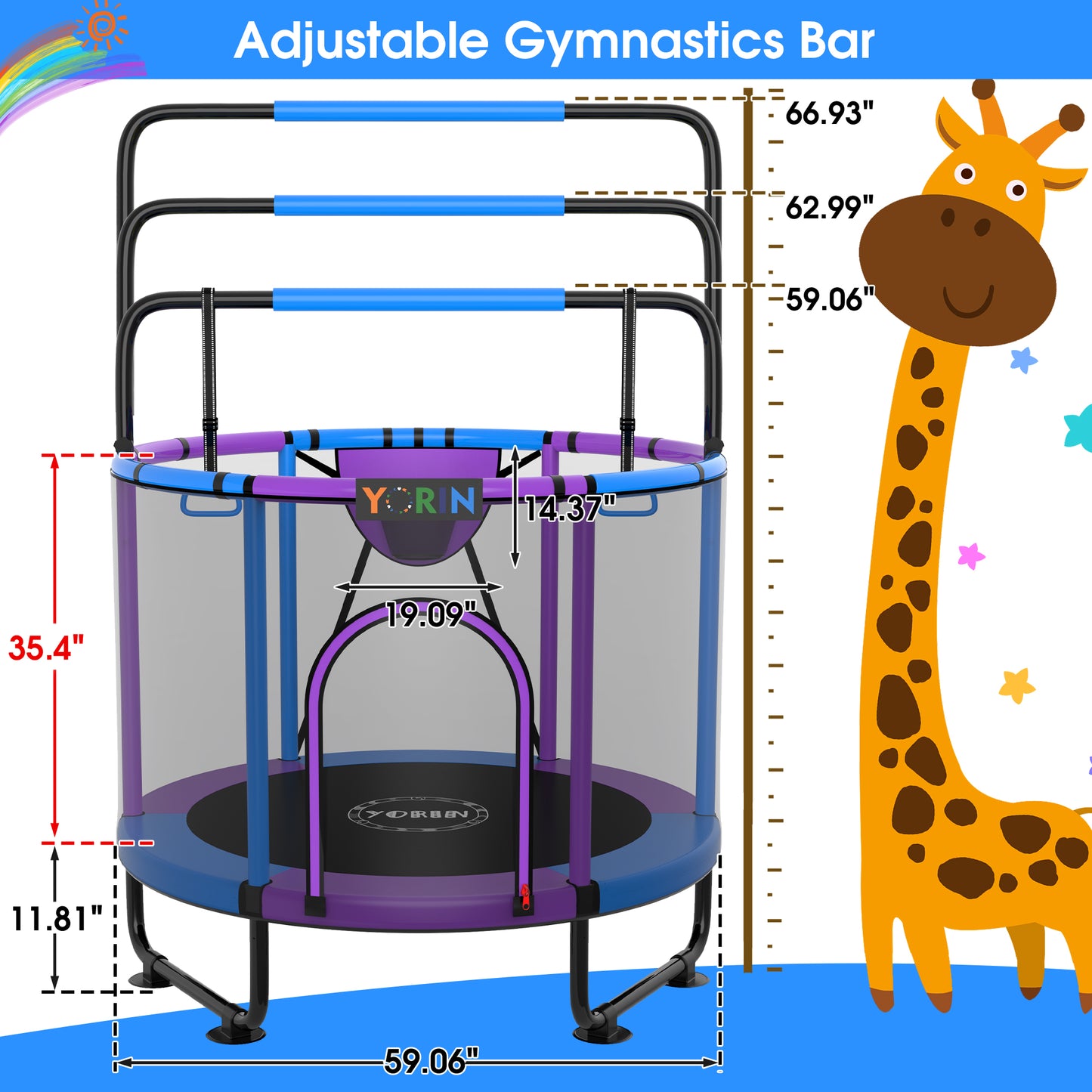 YORIN Trampoline for Kids, 60'' Toddler Mini Trampoline with Enclosure Net, Basketball Hoop, 5FT Indoor/Outdoor Kids Trampoline with Swing, Adjustable Gymnastics Bars, Gifts for Boys & Girls, 600LBS