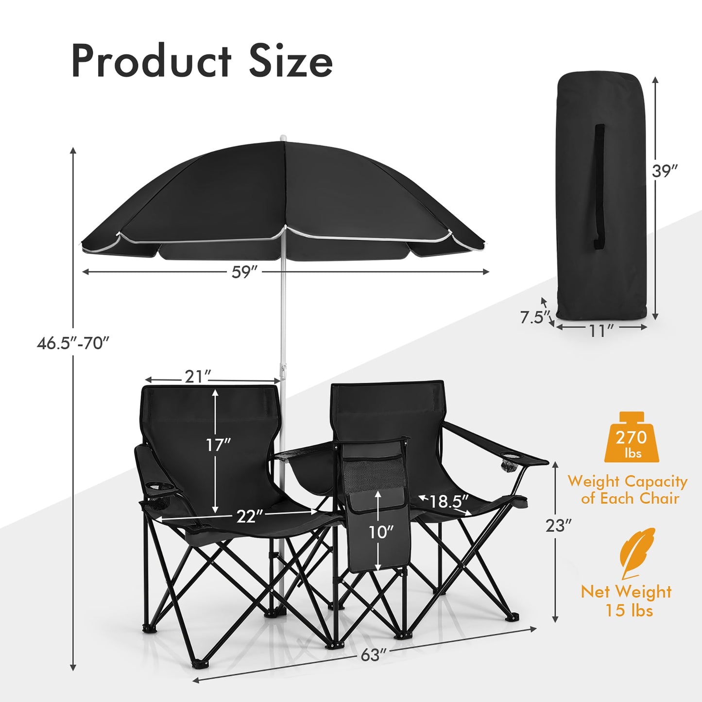 Costway Portable Folding Picnic Double Chair W/Umbrella Table Cooler Beach Camping Chair