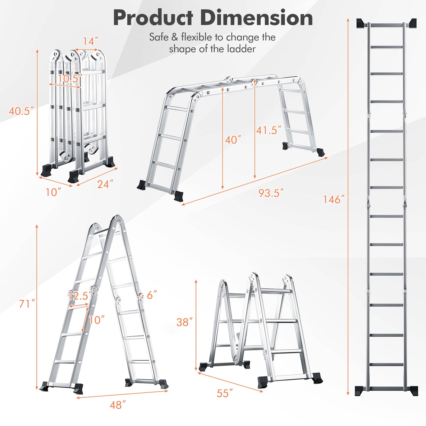 Gymax 12Ft Folding Step Ladder 7-in-1 Aluminium Alloy Extension Ladder 330 Lbs