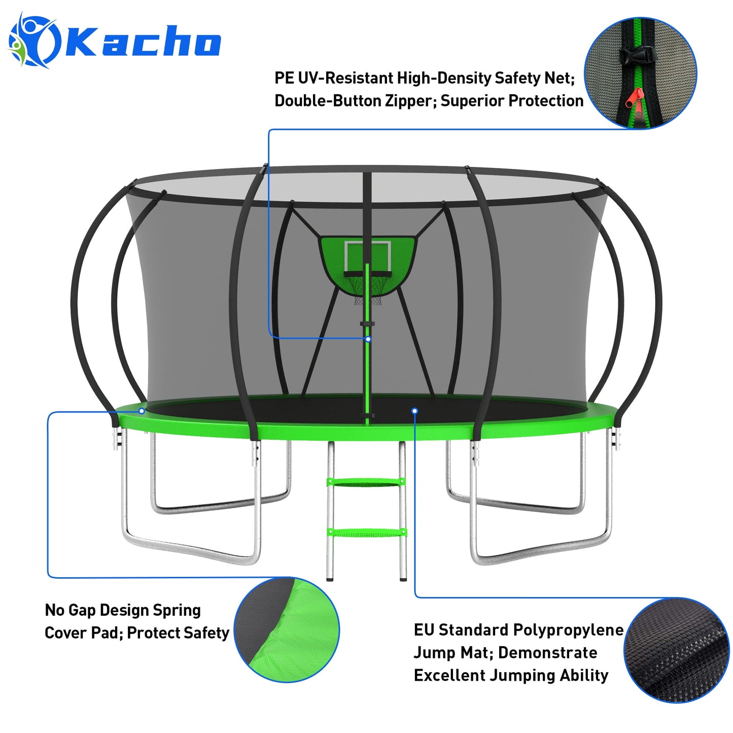 Kacho Trampoline for 4-5Kids and 1-2 Adults, 12FT 1200LBS Trampoline with Enclosure Net, Ladder, Backyard Trampoline with Basketball Hoop, Heavy Duty No-Gap Design Outdoor Recreational Trampoline