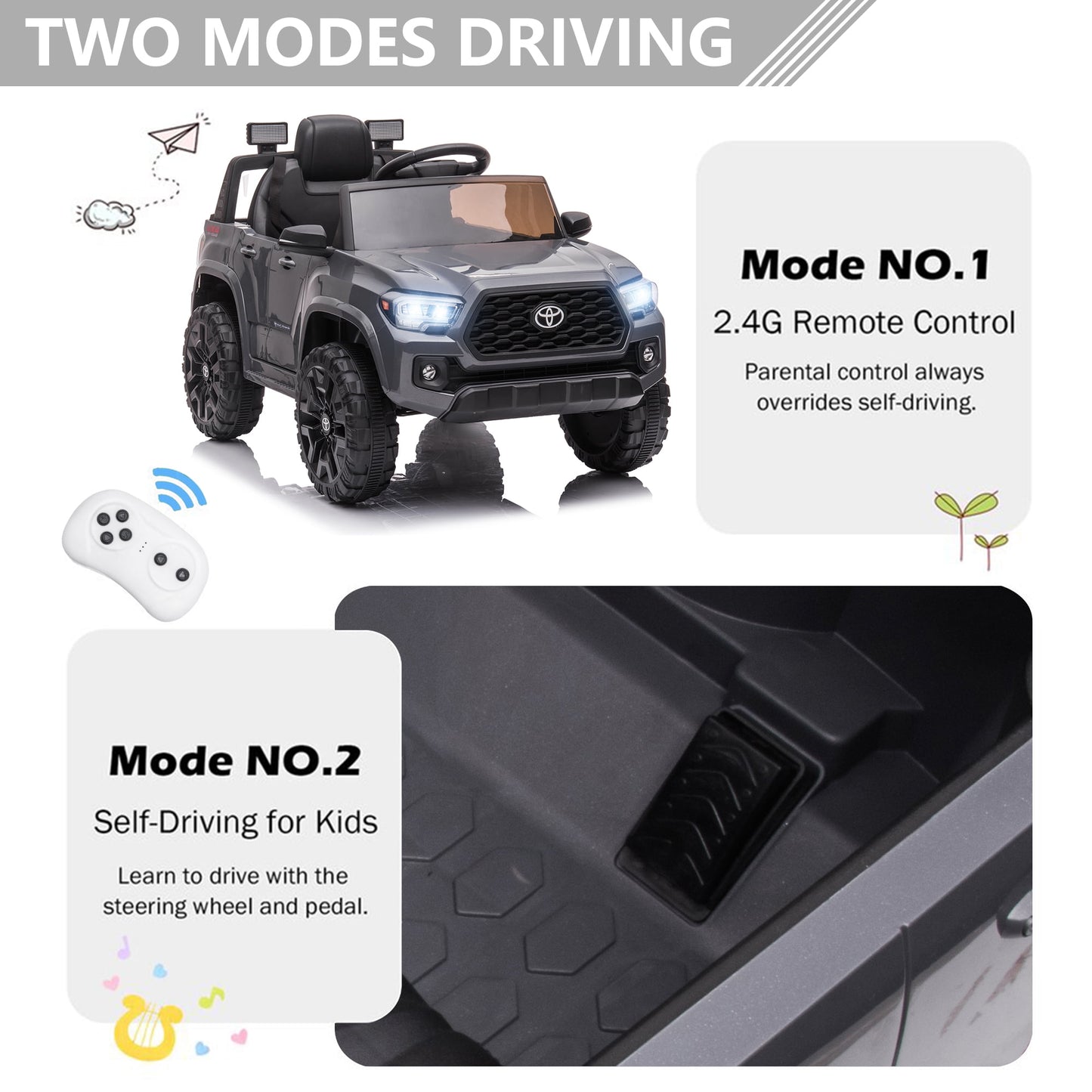 Licensed Toyota Tacoma Electric Ride on Vehicle for Kids, 12V Powered Ride on Car Toys with Remote Control, LED Lights, MP3 Player, Green