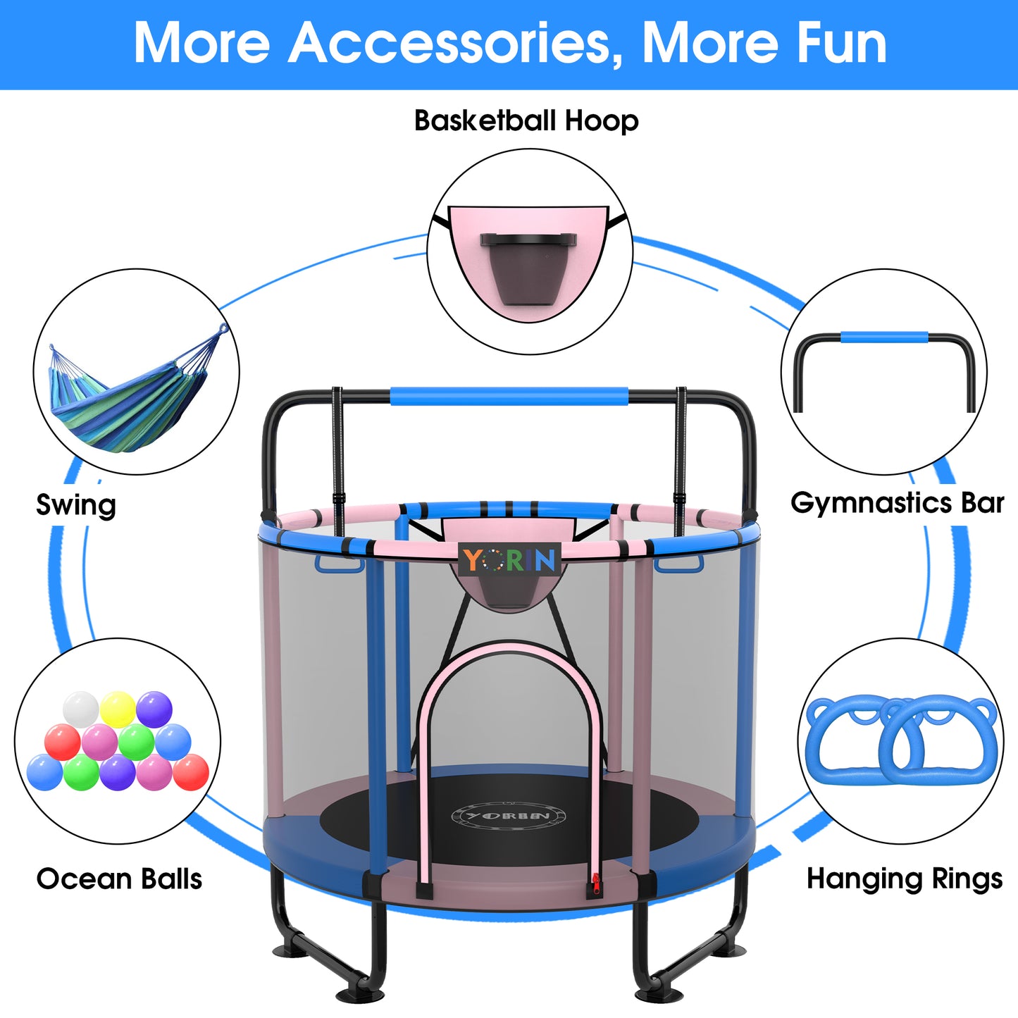 YORIN Trampoline for Kids, 60'' Toddler Mini Trampoline with Enclosure Net, Basketball Hoop, 5FT Indoor/Outdoor Kids Trampoline with Swing, Adjustable Gymnastics Bars, Gifts for Boys & Girls, 600LBS
