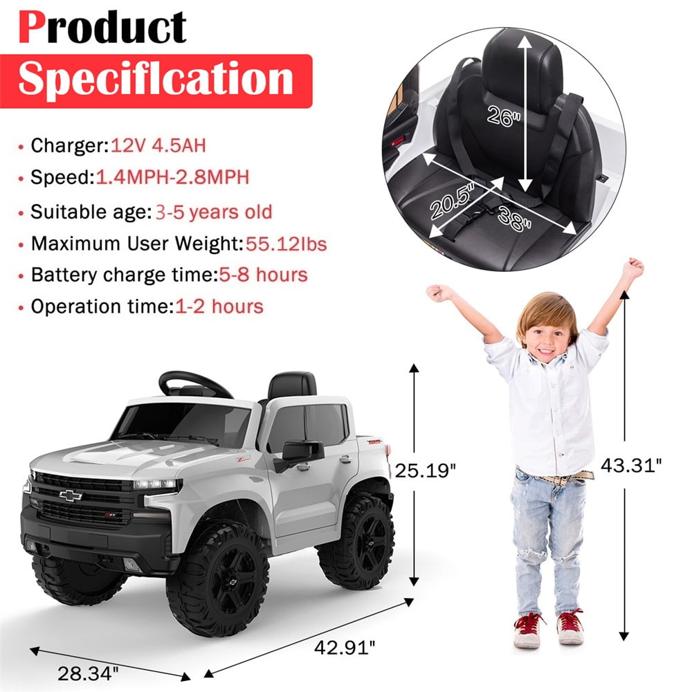 Chevrolet Silverado 12V Ride on Truck, Black Ride on Toys with Remote Control, Battery Powered Ride on Cars for Boys, Electric Cars for Kids to Ride, LED Lights, MP3 Music, Foot Pedal, CL220