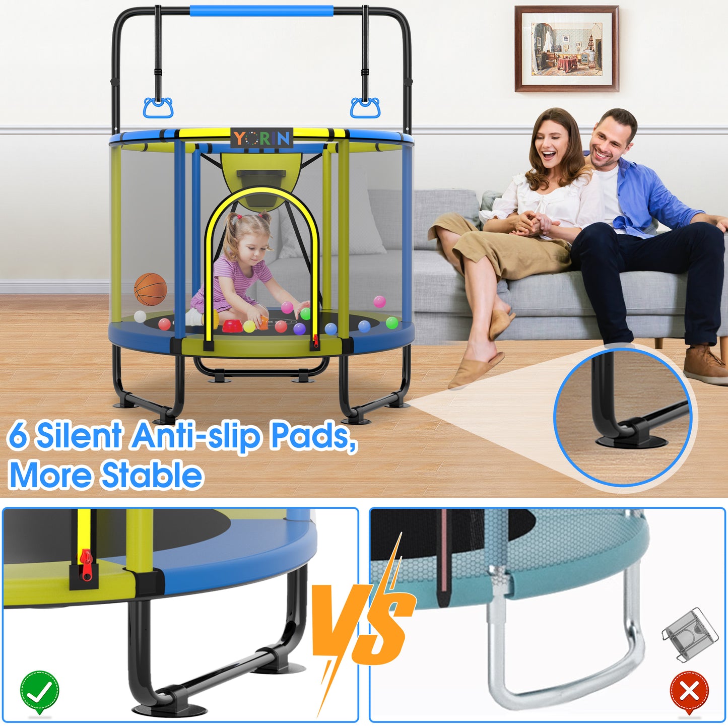 YORIN Trampoline for Kids, 60'' Toddler Mini Trampoline with Enclosure Net, Basketball Hoop, 5FT Indoor/Outdoor Kids Trampoline with Swing, Adjustable Gymnastics Bars, Gifts for Boys & Girls, 600LBS