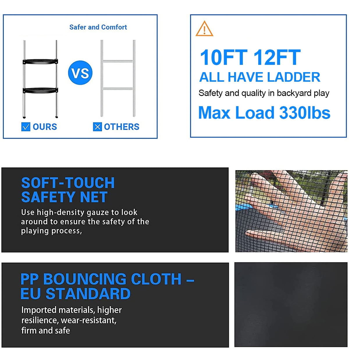 Doufit 10FT Trampoline Jump Recreational Backyard Trampolines Weight Capacity 330LBS with Safe Enclosure Net for 3-4 Kids Adults Indoor Outdoor