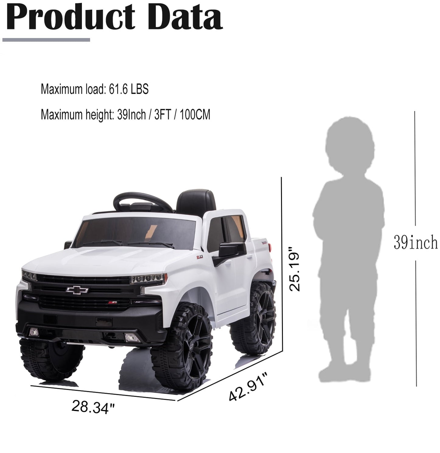 Chevrolet Silverado 12V Powered Ride on Cars for Kids, Remote Control, LED Light, MP3 Player, Electric Ride on Toys Truck for Boys Girls Gifts, White