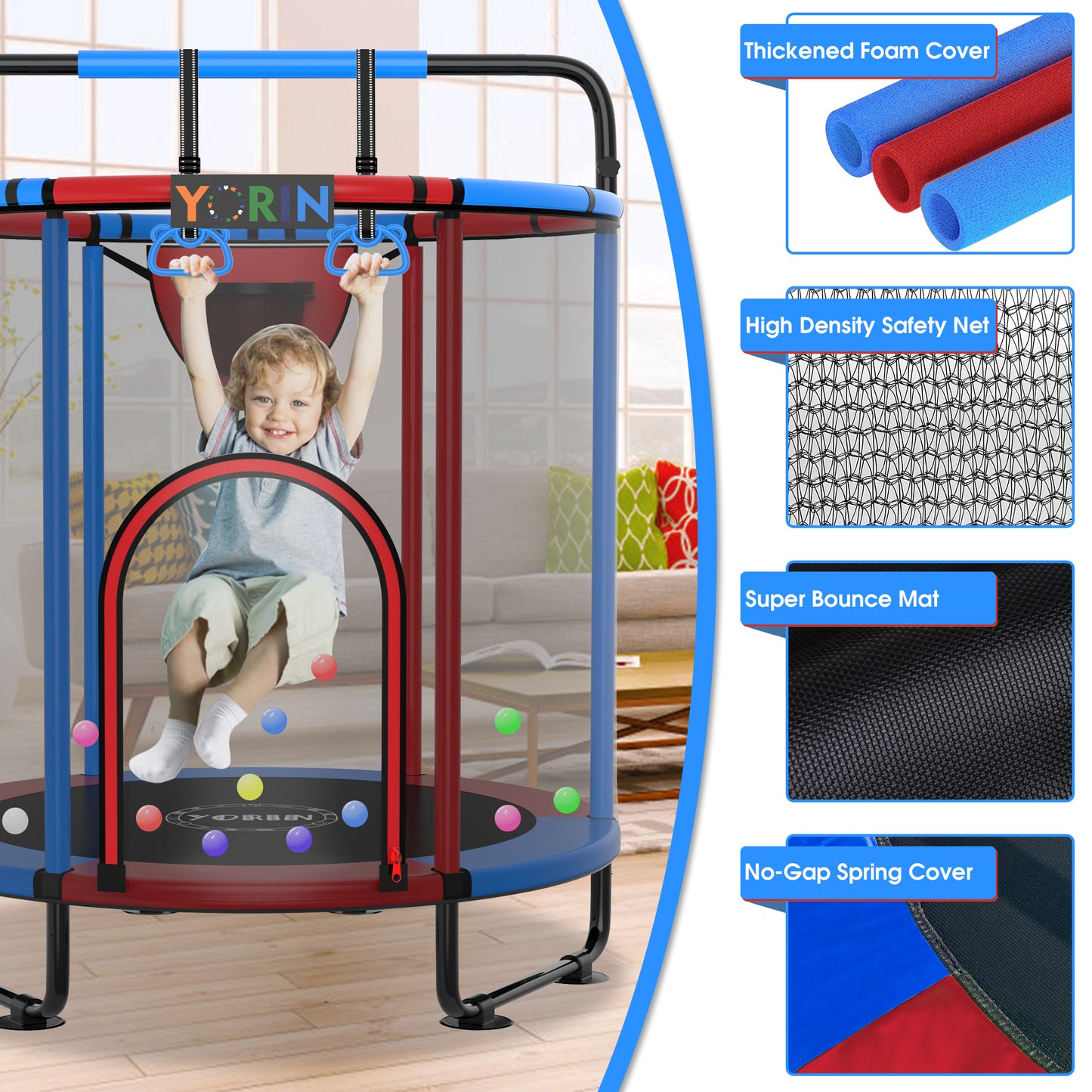 YORIN Trampoline for Kids, 60'' Toddler Mini Trampoline with Enclosure Net, Basketball Hoop, 5FT Indoor/Outdoor Kids Trampoline with Swing, Adjustable Gymnastics Bars, Gifts for Boys & Girls, 600LBS