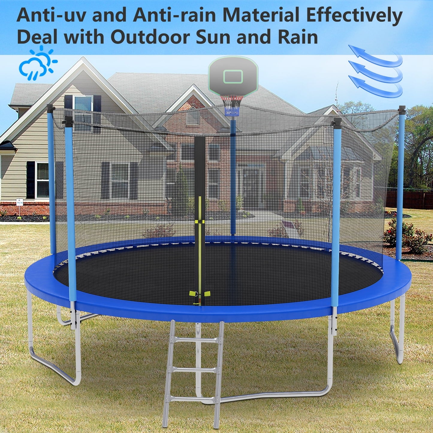 SEGMART 12FT Trampoline for Kids with Basketball Hoop and Enclosure Net/Ladder, Blue