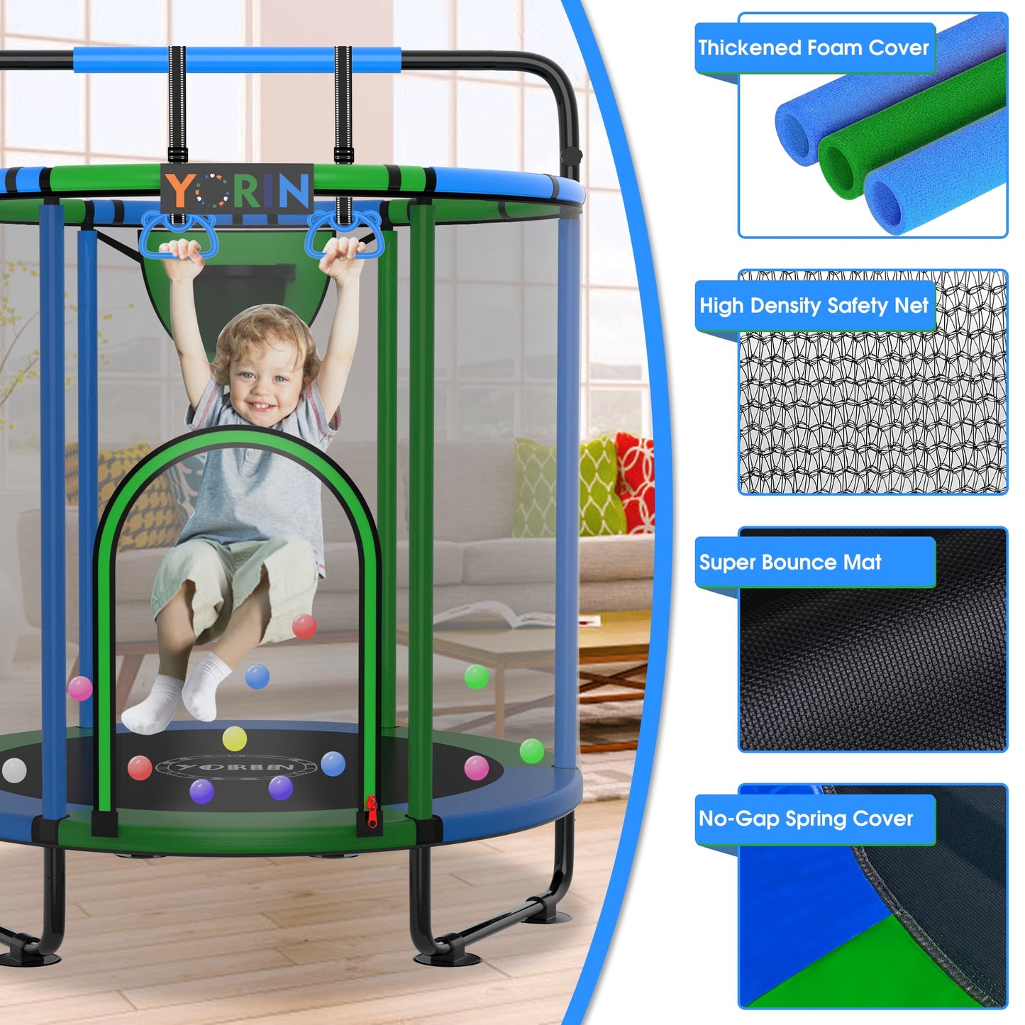 YORIN Trampoline for Kids, 60'' Toddler Mini Trampoline with Enclosure Net, Basketball Hoop, 5FT Indoor/Outdoor Kids Trampoline with Swing, Adjustable Gymnastics Bars, Gifts for Boys & Girls, 600LBS