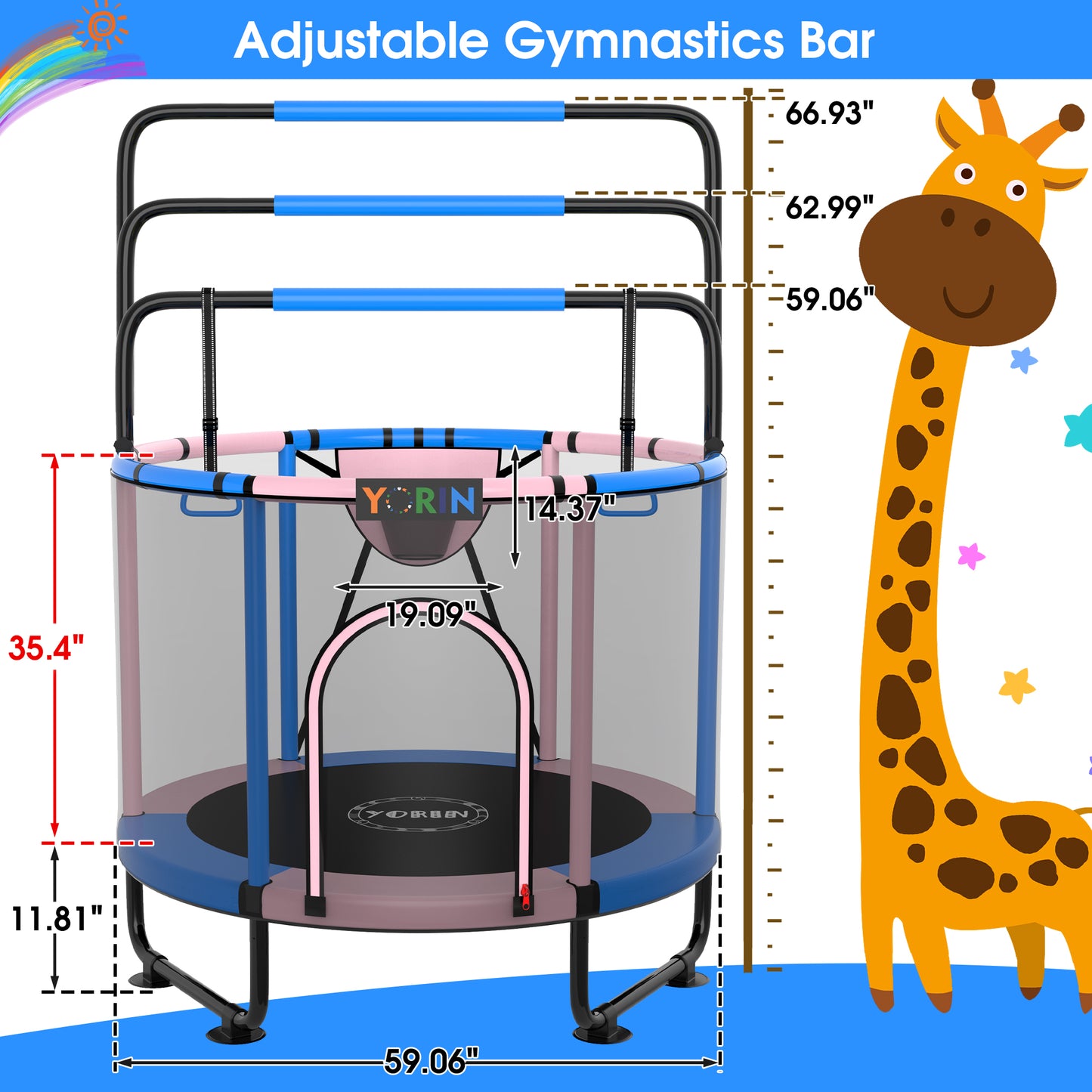 YORIN Trampoline for Kids, 60'' Toddler Mini Trampoline with Enclosure Net, Basketball Hoop, 5FT Indoor/Outdoor Kids Trampoline with Swing, Adjustable Gymnastics Bars, Gifts for Boys & Girls, 600LBS
