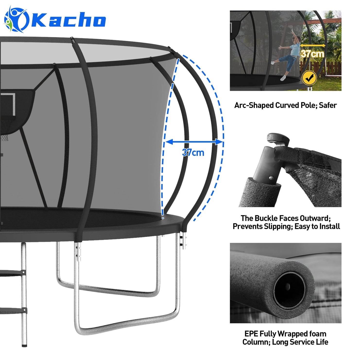 Kacho Trampoline for 4-5Kids and 1-2 Adults, 12FT 1200LBS Trampoline with Enclosure Net, Ladder, Backyard Trampoline with Basketball Hoop, Heavy Duty No-Gap Design Outdoor Recreational Trampoline